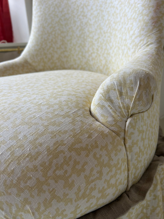 Bow fronted slipper chair in Veere Grenney ‘Folly’